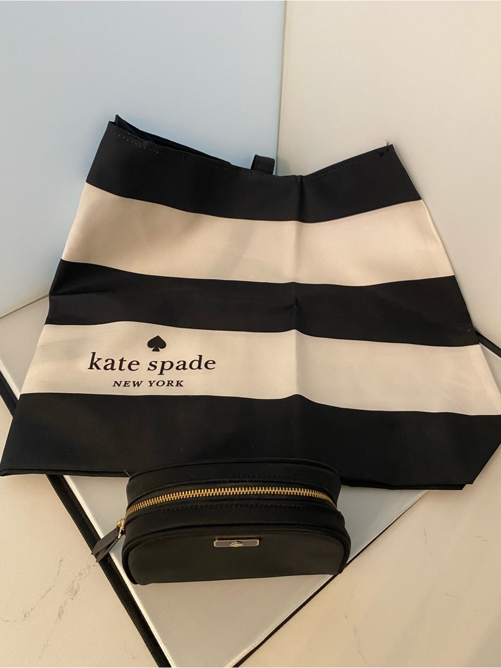 NWOT Kate Spade Black and White Striped Tote with Black Zip Cosmetic Pouch